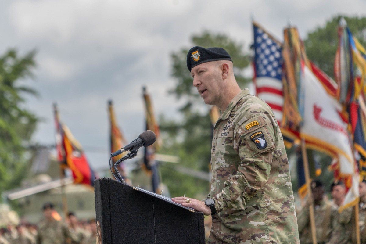 Maj. Gen David Gardner, incoming commanding general of the 101st Airborne Division and Fort Campbell, delivers a speech during the change of command ceremony, May 30, 2025. (U.S. Army photo by Staff Sgt. Kaden D. Pitt)