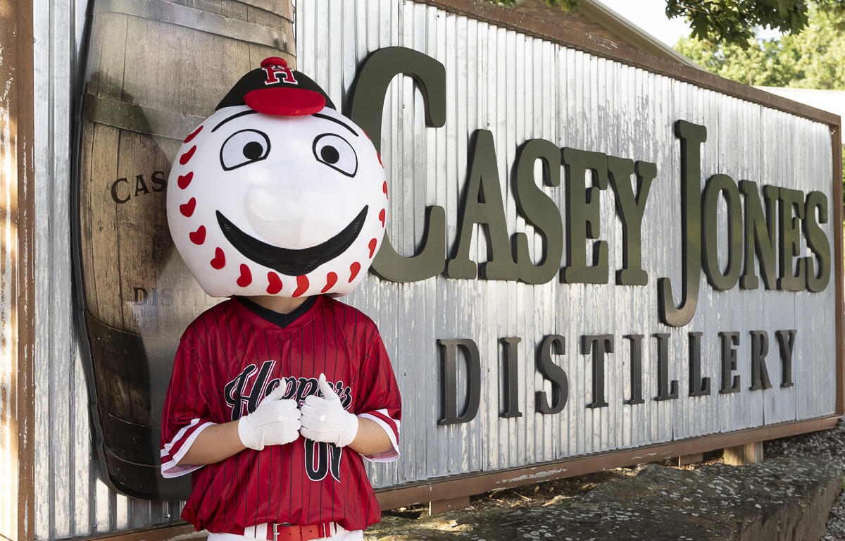 The Hoptown Hoppers baseball team mascot Stitches at the meet the team event at Casey Jones Distillery on May 30, 2025
