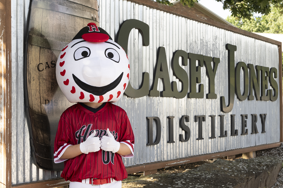 The Hoptown Hoppers baseball team mascot Stitches at the meet the team event at Casey Jones Distillery on May 30, 2025