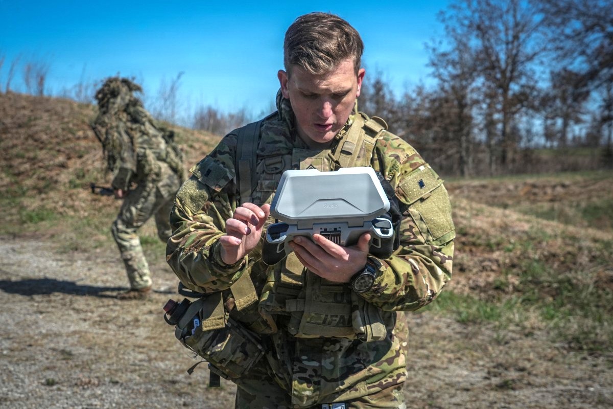 A soldier with the 101st Airborne Division operates the flight controls for an unmanned aircraft system (UAS) during a live-fire exercise at Fort Campbell on March 12, 2026. (U.S. Army, Spc. Sandy Vera)