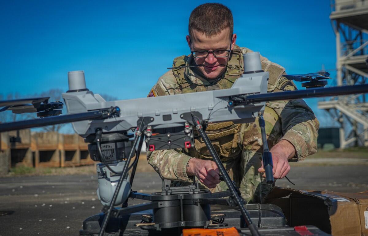 U.S. Army Spc. Basil Holland, assigned to the 101st Airborne Division, prepares a C100 small unmanned aircraft system (sUAS) for a live-fire exercise at Fort Campbell on March 12, 2026. (U.S. Army, Sgt. Parris Kersey)
