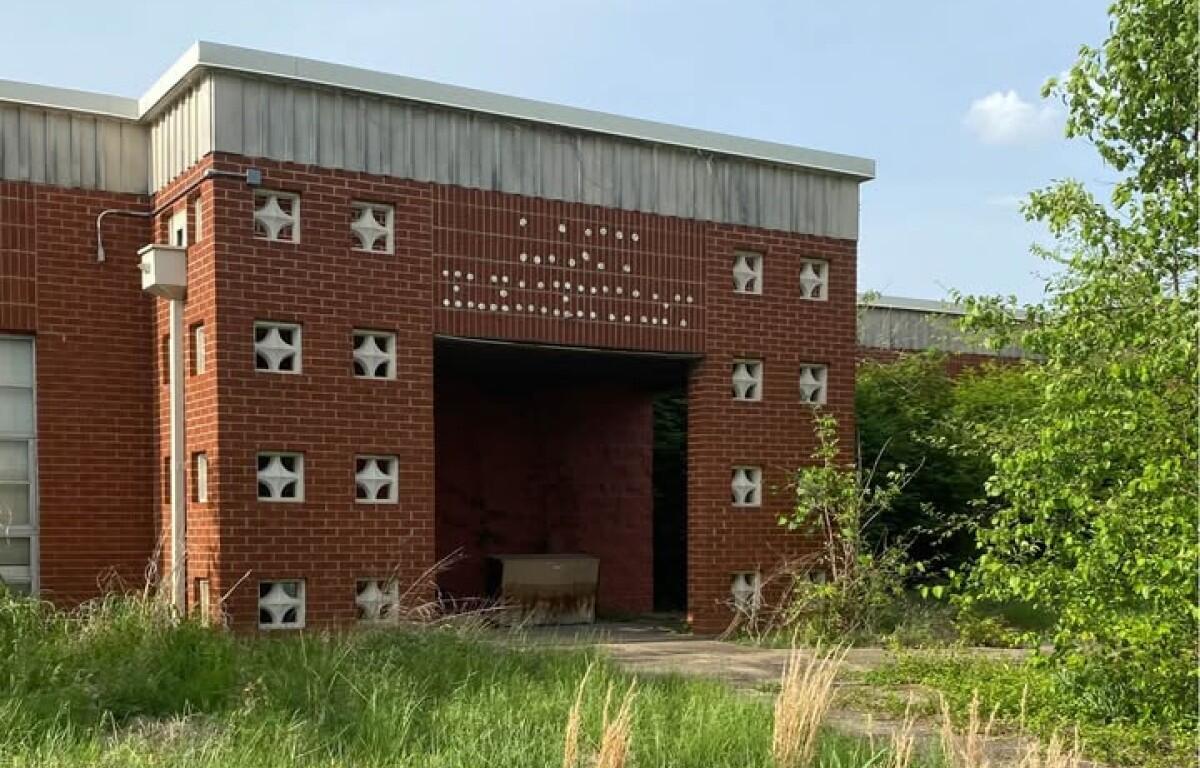 Abandoned red brick building with square decorative blocks and a dark open entrance, surrounded by tall grasses and shrubs in front.