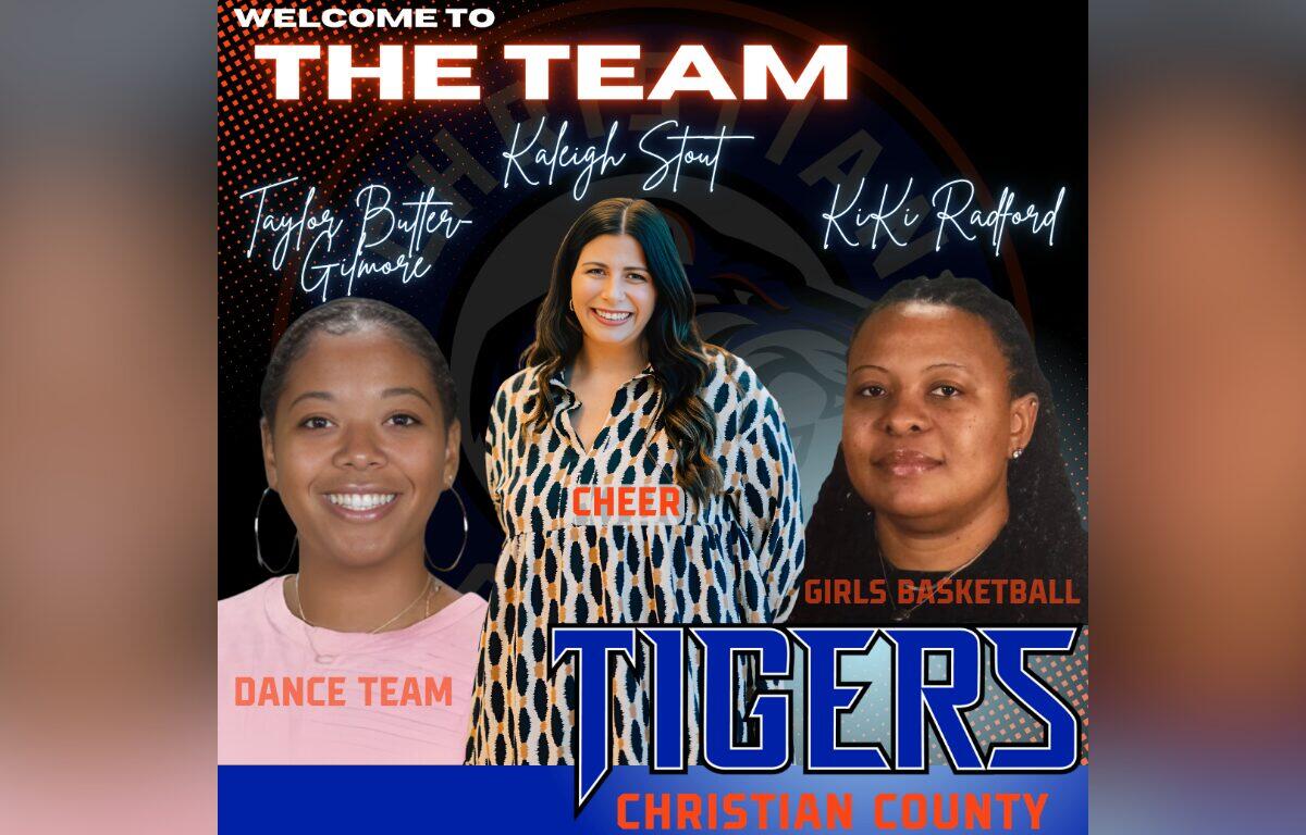 Poster titled Welcome to the Team for the Tigers, Christian County, featuring three team members: left a smiling woman in a pink shirt labeled DANCE TEAM, center a woman in a patterned dress labeled CHEER, right a woman in a dark top labeled GIRLS BASKETBALL; bold TIGERS graphic at bottom.