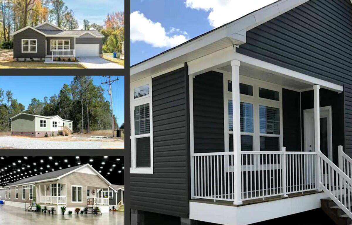 Collage of model homes: a dark gray siding porch home, a light-green ranch-style house, a beige modular home, and an indoor showroom displaying homes.