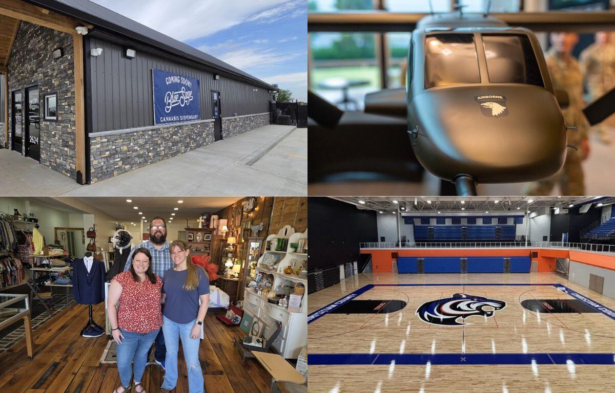 Outside view of a modern cannabis dispensary under construction; blue banner reads 'Coming Soon Blue Sage Cannabis Dispensary'.