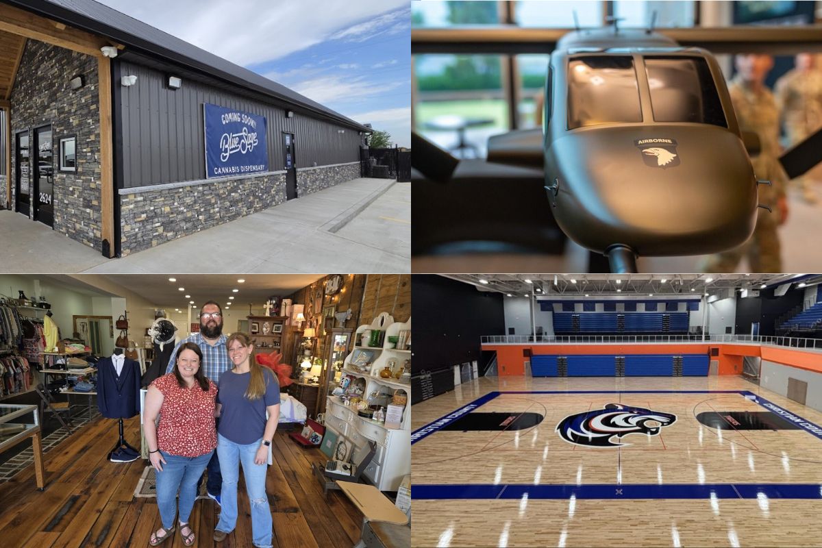 Outside view of a modern cannabis dispensary under construction; blue banner reads 'Coming Soon Blue Sage Cannabis Dispensary'.