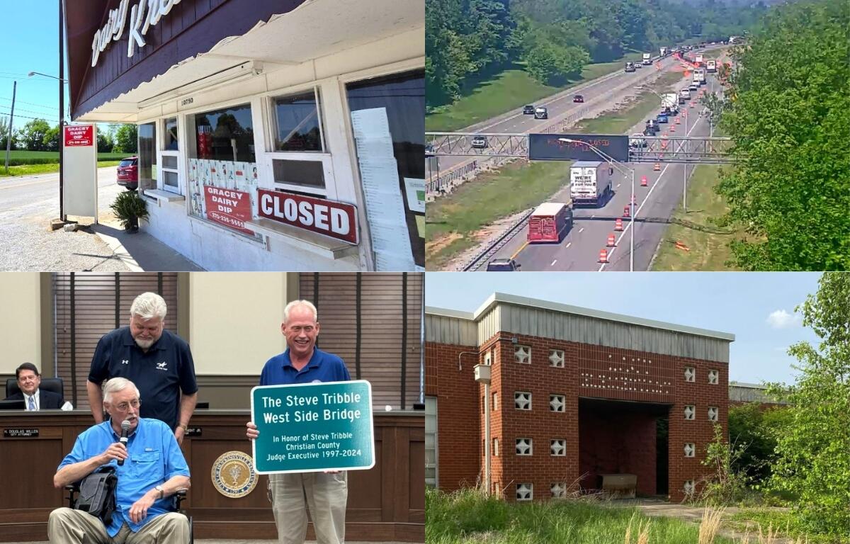 Collage of a closed dairy shop, a highway construction scene with cones and traffic, and two officials presenting a bridge dedication plaque beside an old brick building.