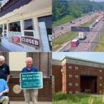 Collage of a closed dairy shop, a highway construction scene with cones and traffic, and two officials presenting a bridge dedication plaque beside an old brick building.