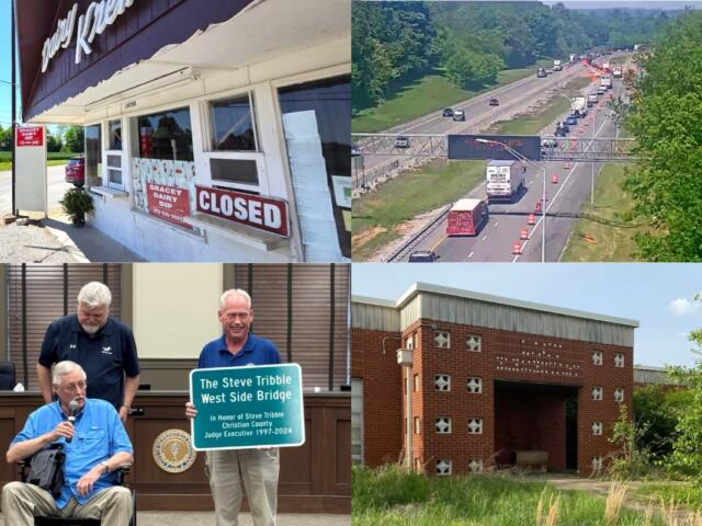 Collage of a closed dairy shop, a highway construction scene with cones and traffic, and two officials presenting a bridge dedication plaque beside an old brick building.