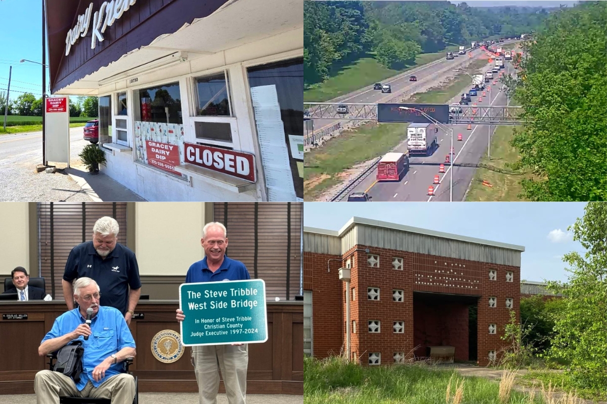 Collage of a closed dairy shop, a highway construction scene with cones and traffic, and two officials presenting a bridge dedication plaque beside an old brick building.