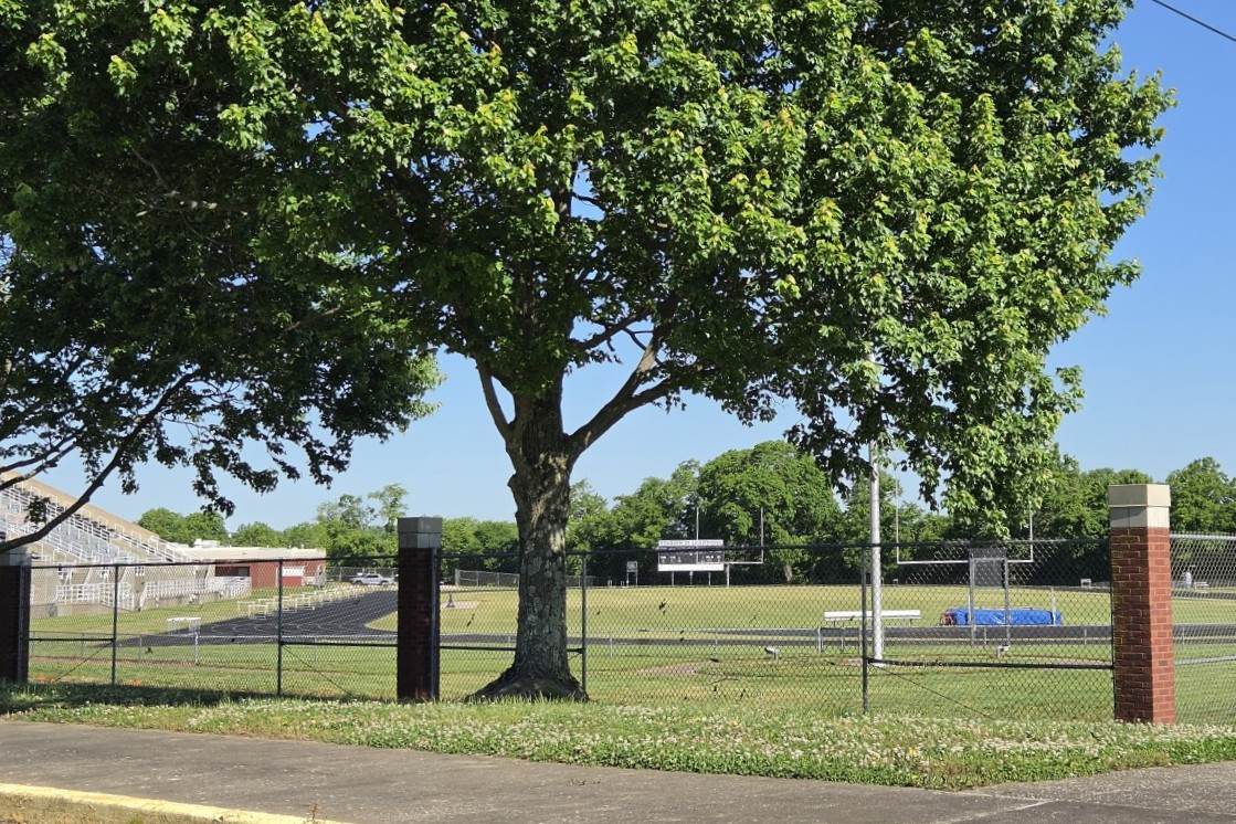 Tree in foreground shading a chain-link fence around a sports field with bleachers and a track in the background on a sunny day.