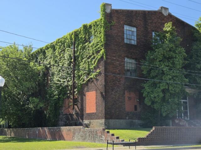 Brick building largely covered in ivy with boarded windows, set in a grassy, park-like area.