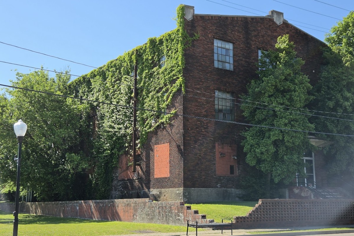 Brick building largely covered in ivy with boarded windows, set in a grassy, park-like area.