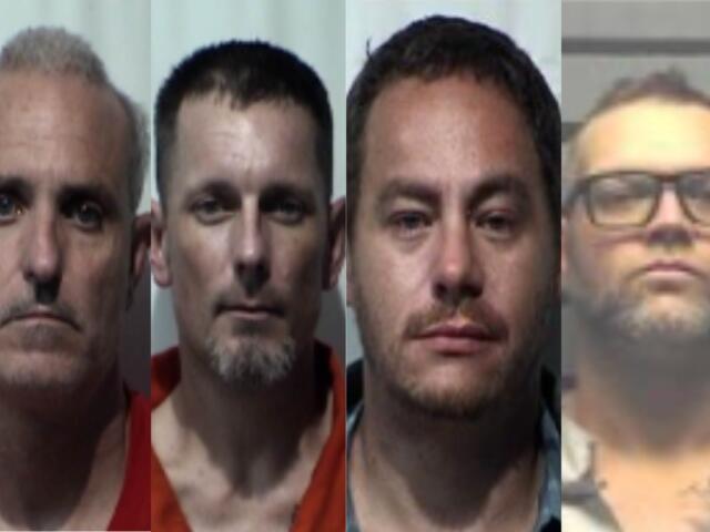 Four mugshots of adult men facing forward in jail attire, shown side by side in a lineup-style collage.