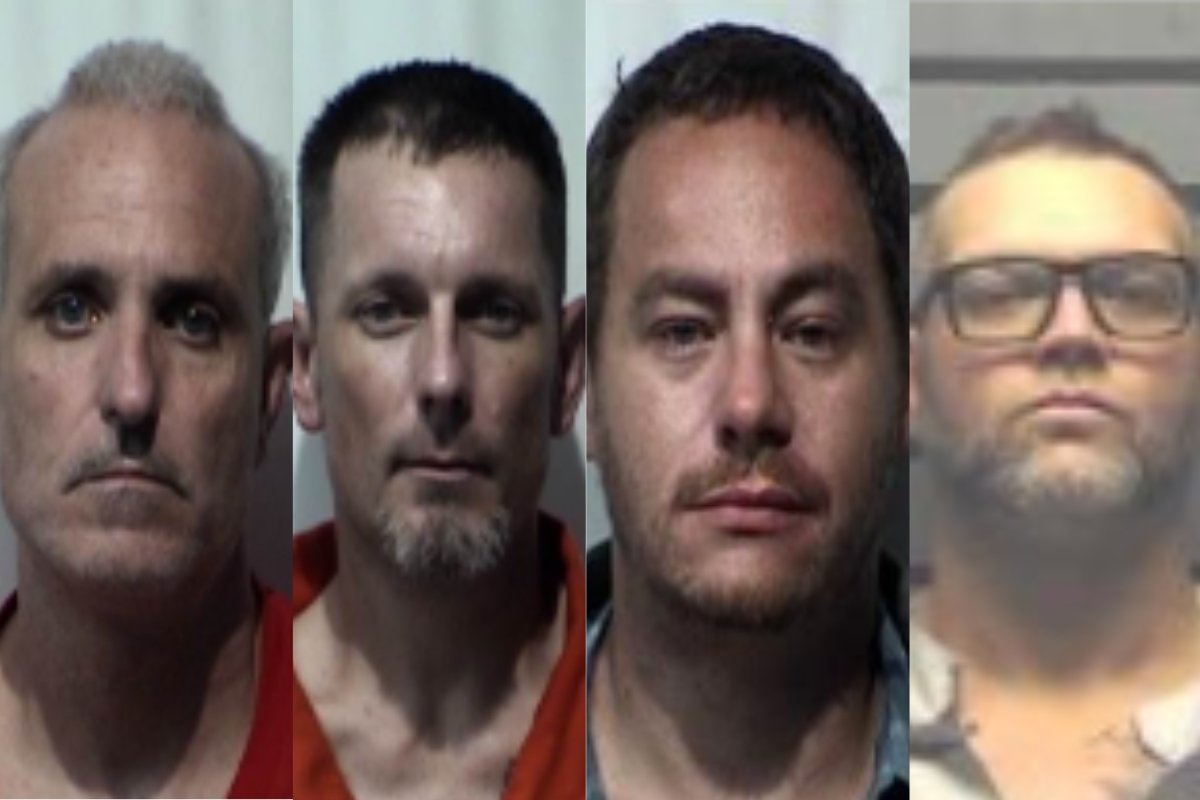 Four mugshots of adult men facing forward in jail attire, shown side by side in a lineup-style collage.