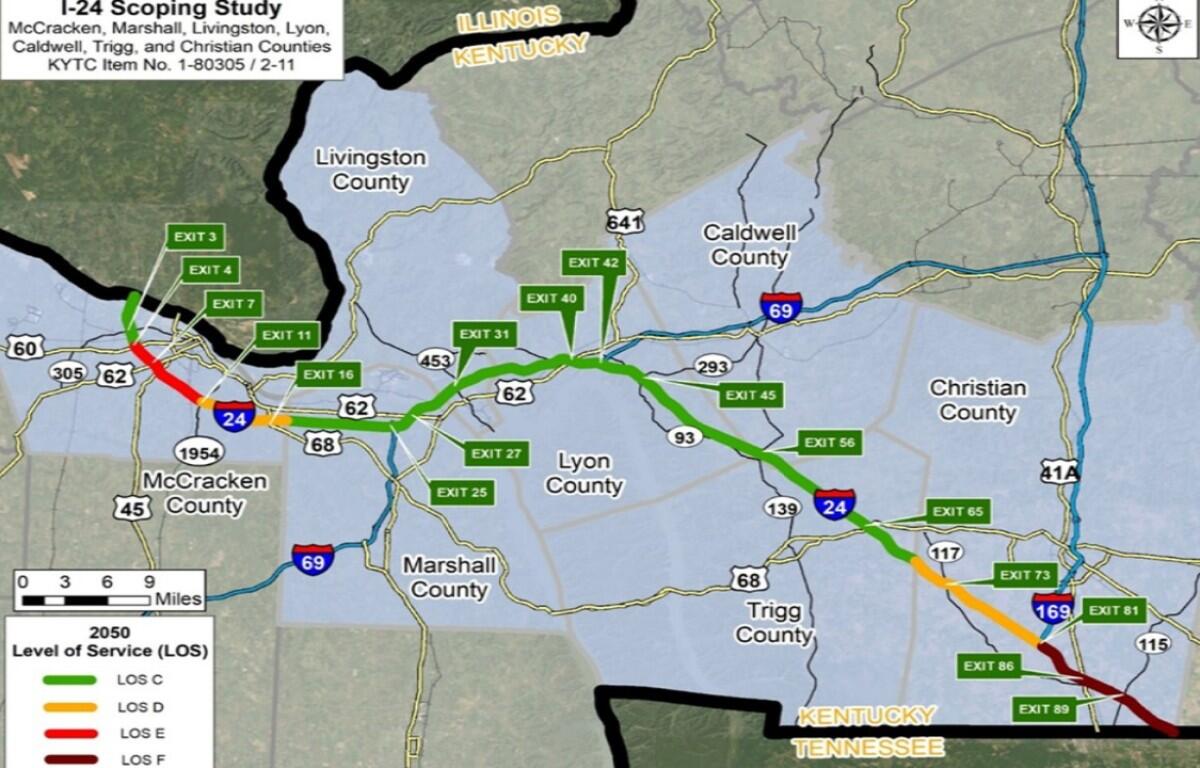 I-24 Scoping Study map with exits and color-coded Level of Service (LOS C-green, LOS D-yellow, LOS E-orange, LOS F-red) along the I-24 corridor in western Kentucky.