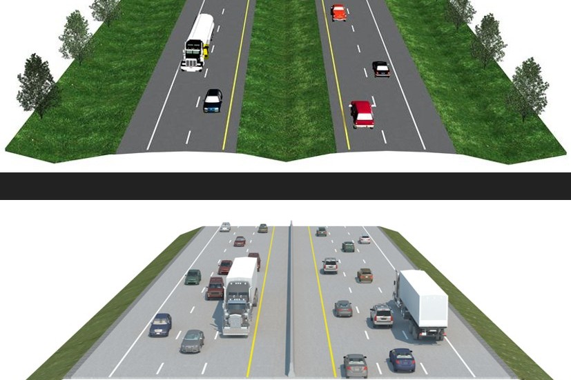 Two isometric highway scenes stacked vertically: top image shows a divided roadway with a grassy median and trees on the sides, cars and a truck traveling in both directions; bottom image shows a busy multi-lane freeway with a central median, numerous vehicles, and more traffic along both sides.