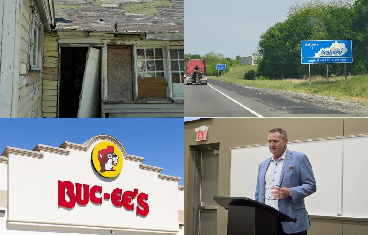 Collage: an abandoned, weathered house; a Kentucky highway welcome sign; a Buc-ee's sign with a beaver logo; a man in a blazer giving a talk at a podium.