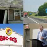 Collage: an abandoned, weathered house; a Kentucky highway welcome sign; a Buc-ee's sign with a beaver logo; a man in a blazer giving a talk at a podium.