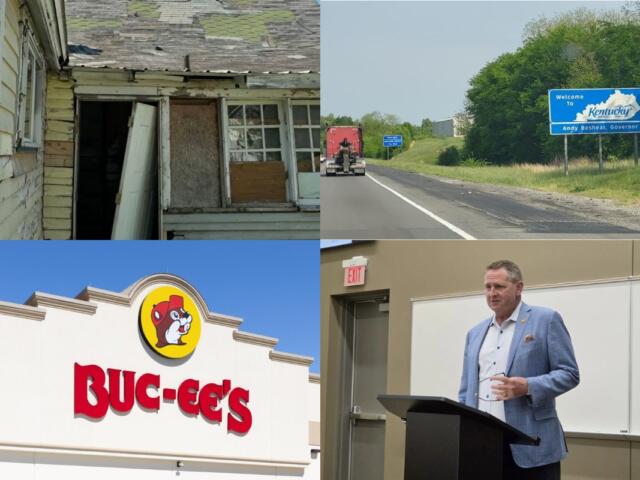 Collage: an abandoned, weathered house; a Kentucky highway welcome sign; a Buc-ee's sign with a beaver logo; a man in a blazer giving a talk at a podium.