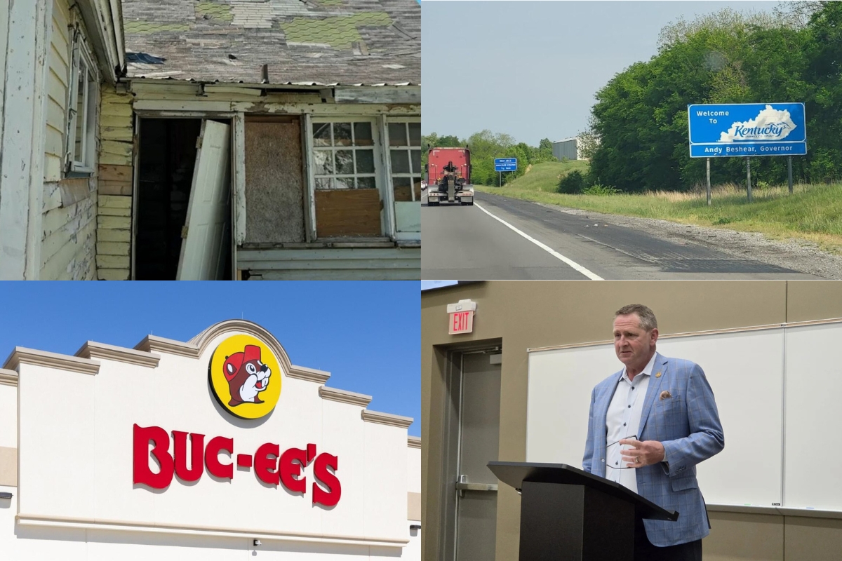 Collage: an abandoned, weathered house; a Kentucky highway welcome sign; a Buc-ee's sign with a beaver logo; a man in a blazer giving a talk at a podium.
