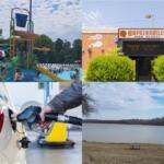 Water park with colorful slides and kids at a pool under a blue sky (informational collage).