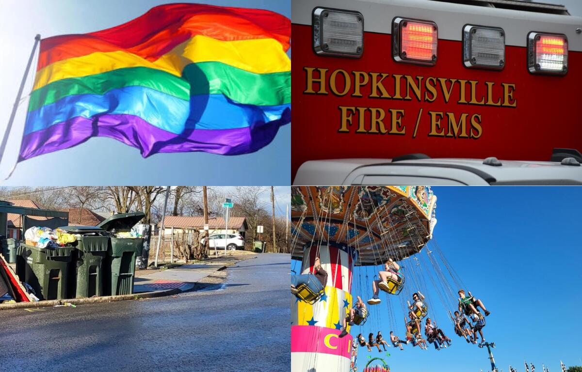 Collage showing a rainbow Pride flag waving in the wind, a red Hopkinsville Fire/EMS vehicle, overflowing garbage bins on a residential street, and a colorful swing ride at a fair against a blue sky.