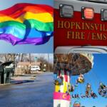 Collage showing a rainbow Pride flag waving in the wind, a red Hopkinsville Fire/EMS vehicle, overflowing garbage bins on a residential street, and a colorful swing ride at a fair against a blue sky.