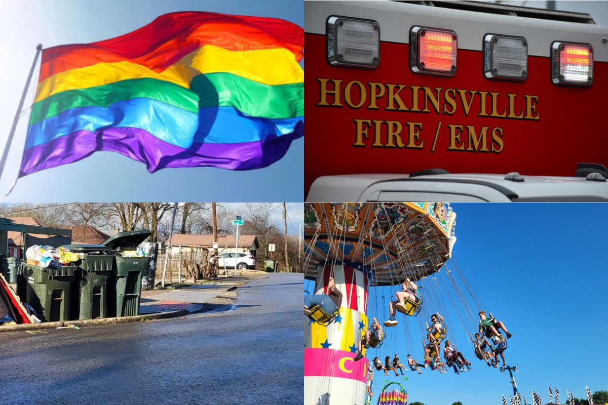 Collage showing a rainbow Pride flag waving in the wind, a red Hopkinsville Fire/EMS vehicle, overflowing garbage bins on a residential street, and a colorful swing ride at a fair against a blue sky.