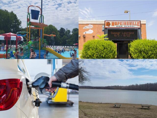 Water park with colorful slides and kids at a pool under a blue sky (informational collage).