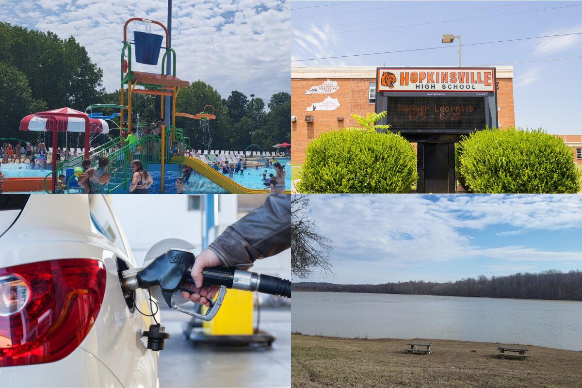 Water park with colorful slides and kids at a pool under a blue sky (informational collage).