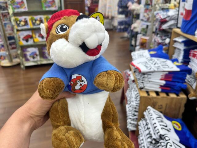 Person holds a plush mascot wearing a blue shirt with a circular cartoon dog badge in a toy store background shelves and clothes