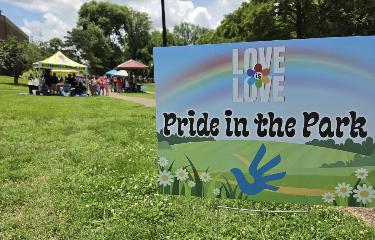 Pride in the Park sign with rainbow graphic; park tents and attendees visible in the background while people socialize on the lawn.