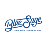 Blue Sage Cannabis Dispensary logo in blue cursive lettering on white background, with the tagline 'CANNABIS DISPENSARY' underneath.