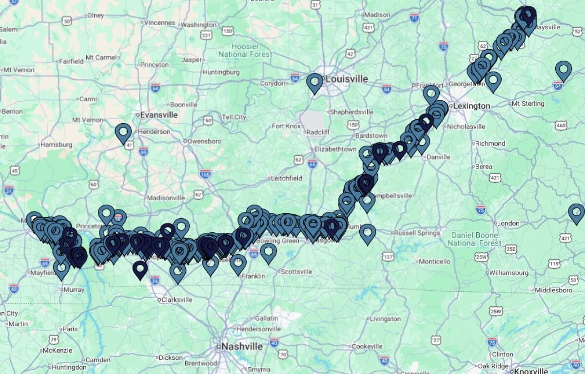 Map with a dense line of location pins tracing a route from western Kentucky through Louisville and Lexington toward Nashville.