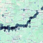 Map with a dense line of location pins tracing a route from western Kentucky through Louisville and Lexington toward Nashville.