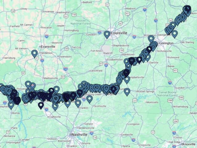 Map with a dense line of location pins tracing a route from western Kentucky through Louisville and Lexington toward Nashville.