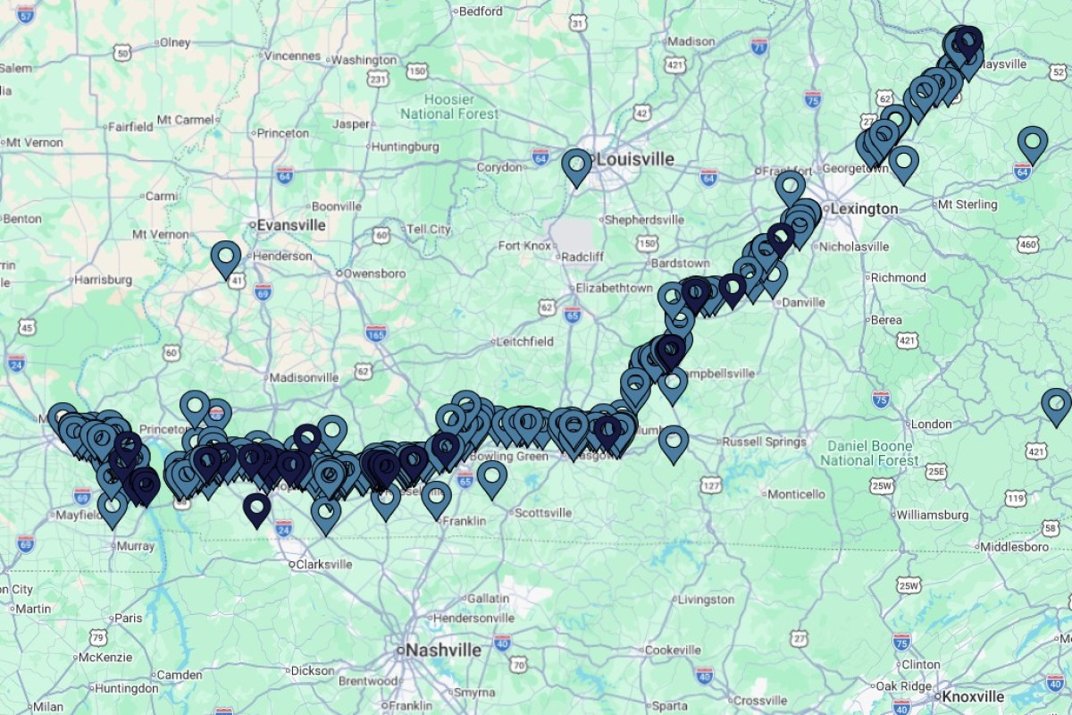 Map with a dense line of location pins tracing a route from western Kentucky through Louisville and Lexington toward Nashville.