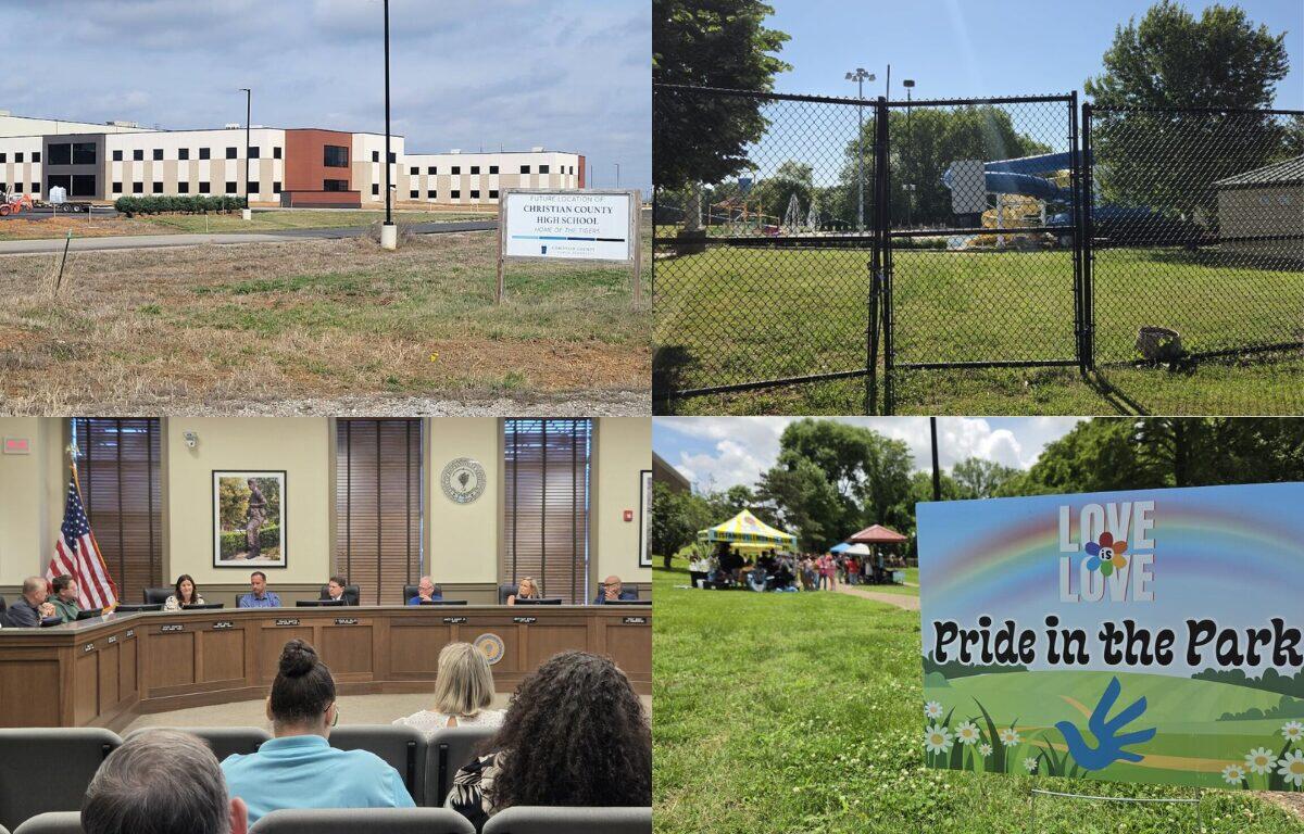 Exterior of a modern school building with beige and red brick, sign reading 'Christian County High School' outside the grounds? (informative note: verify exact wording)