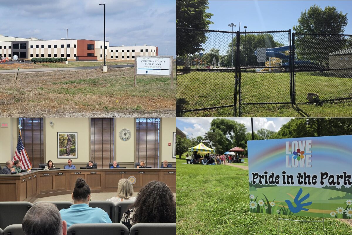 Exterior of a modern school building with beige and red brick, sign reading 'Christian County High School' outside the grounds? (informative note: verify exact wording)