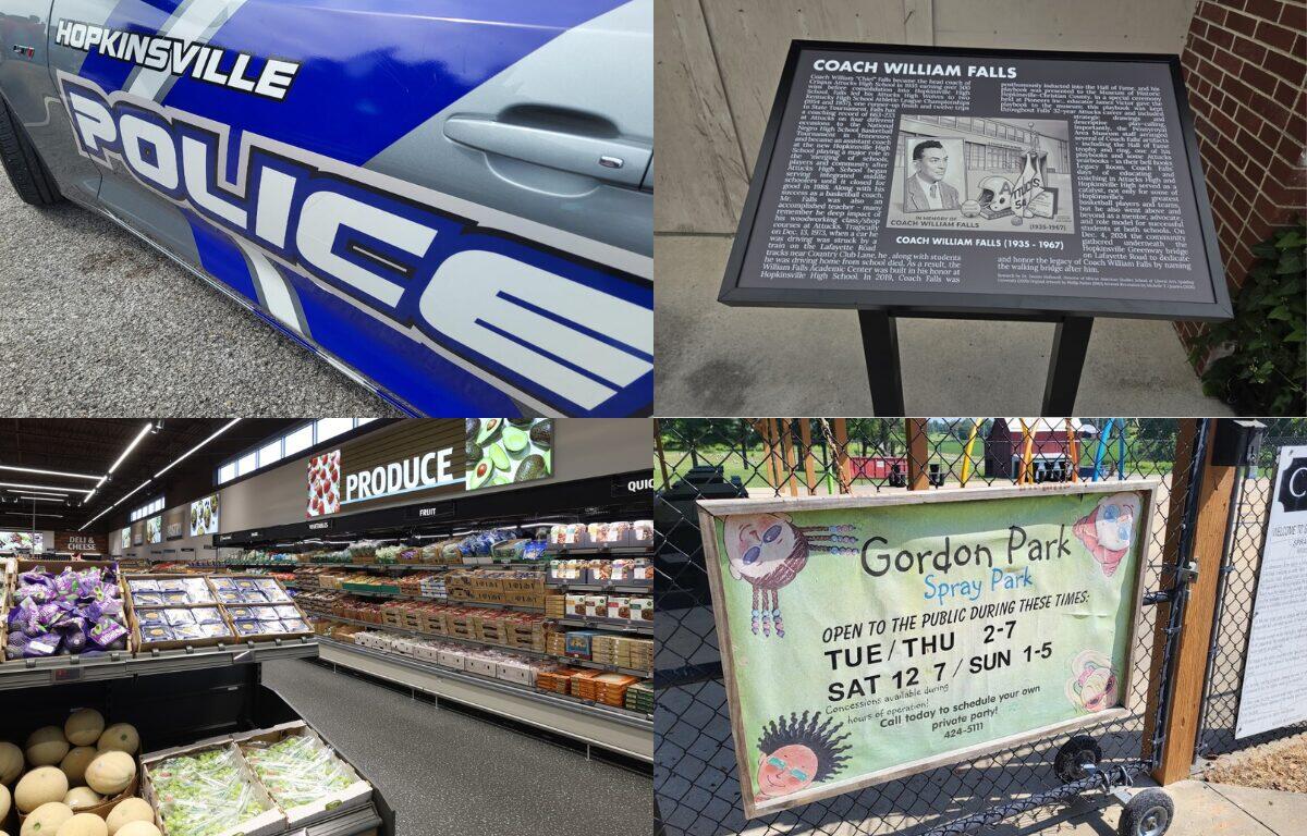Collage showing a Hopkinsville Police car, an informational plaque about Coach William Falls, a supermarket produce aisle, and the Gordon Park Spray Park sign.