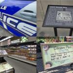 Collage showing a Hopkinsville Police car, an informational plaque about Coach William Falls, a supermarket produce aisle, and the Gordon Park Spray Park sign.