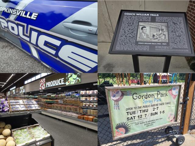 Collage showing a Hopkinsville Police car, an informational plaque about Coach William Falls, a supermarket produce aisle, and the Gordon Park Spray Park sign.