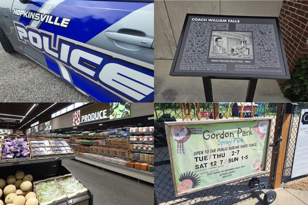 Collage showing a Hopkinsville Police car, an informational plaque about Coach William Falls, a supermarket produce aisle, and the Gordon Park Spray Park sign.