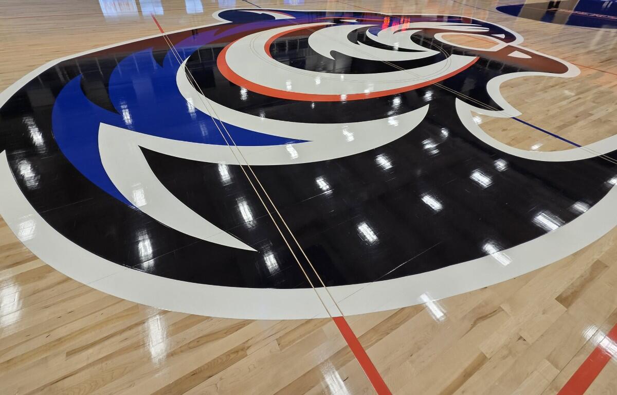 Basketball court floor with a large circular team logo painted at center in black, white, blue, and orange colors.