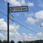Street sign with 'Tiger Way' and a tiger logo, and a smaller 'Lovers Lane' sign on a tall black pole against a blue sky.