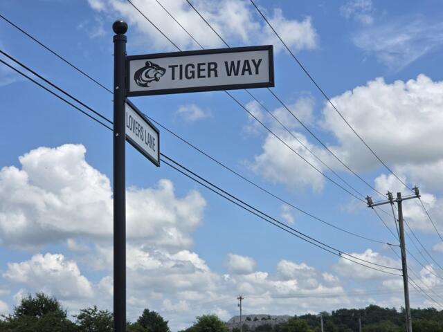Street sign with 'Tiger Way' and a tiger logo, and a smaller 'Lovers Lane' sign on a tall black pole against a blue sky.