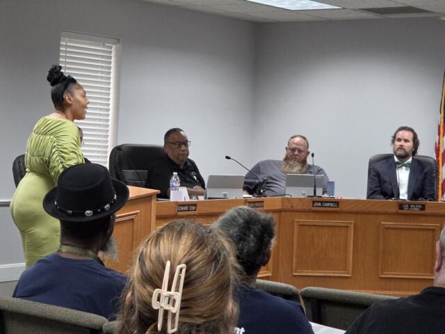 Woman in a lime-green dress speaks at a podium in a meeting room facing a panel of four men seated at a long desk, with an American flag in the corner and audience members in the foreground.