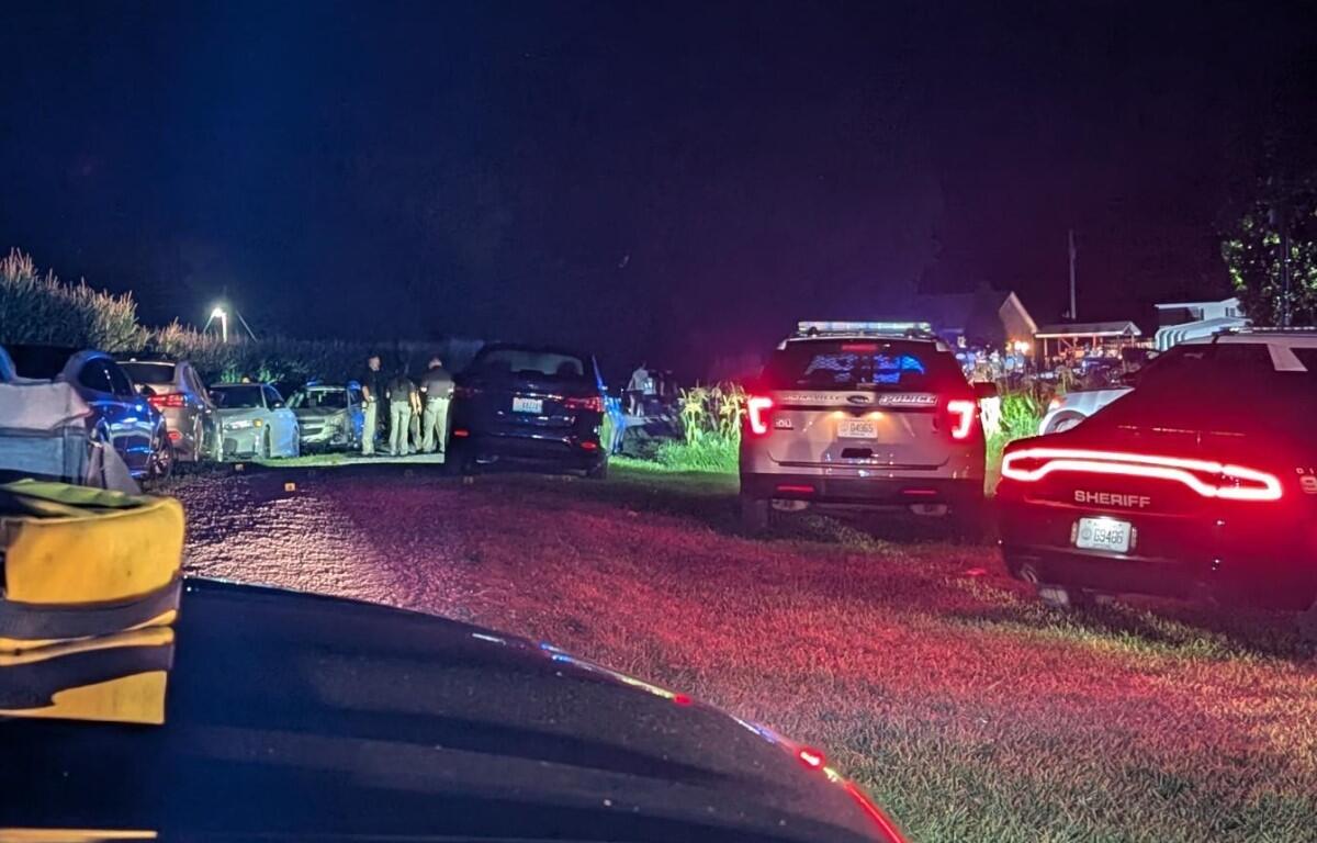 Nighttime scene with sheriff and police vehicles parked in a residential yard, officers and bystanders near a central car, red/blue lights flashing.