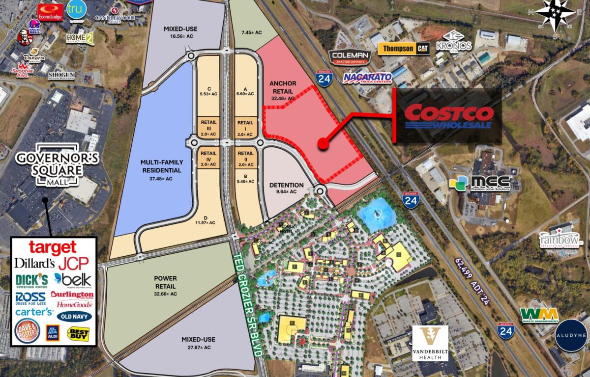 Aerial map of a shopping district showing Costco, Target, and Governor's Square Mall with surrounding retailers and roads nearby I-24 and Dunlop Lane.